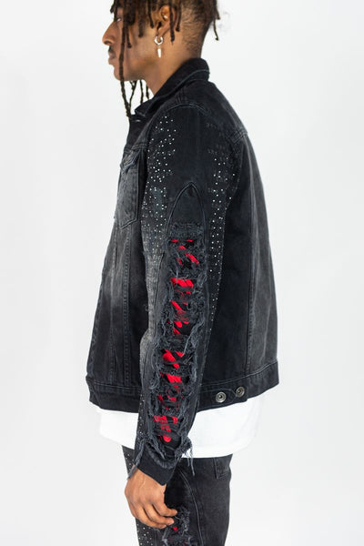 MEN BLACK FRAYED DENIM JACKET W/ RHINESTONE & LASER PRINT