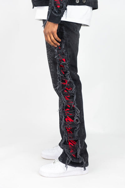 MEN BLACK FRAYED STACKED FLARE JEANS W/ RHINESTONE & LASER PRINT