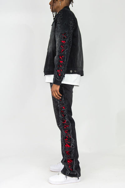 MEN BLACK FRAYED DENIM JACKET W/ RHINESTONE & LASER PRINT