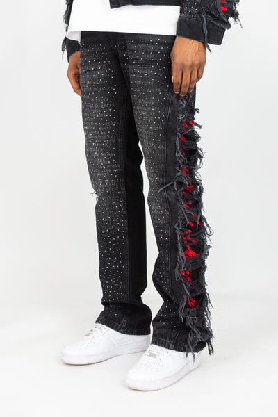 MEN BLACK FRAYED STACKED FLARE JEANS W/ RHINESTONE & LASER PRINT