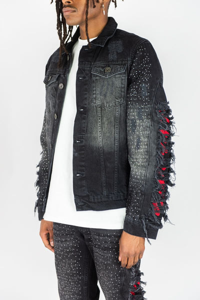 MEN BLACK FRAYED DENIM JACKET W/ RHINESTONE & LASER PRINT