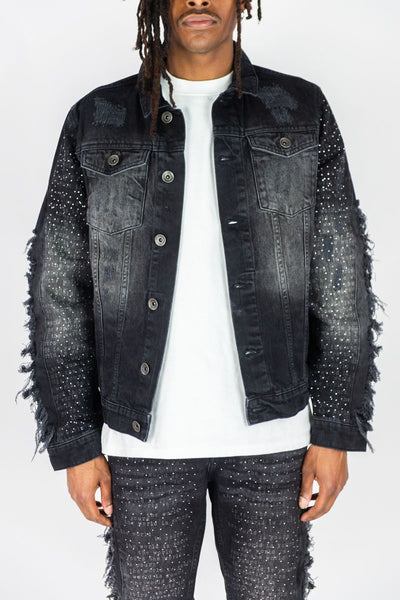 MEN BLACK FRAYED DENIM JACKET W/ RHINESTONE & LASER PRINT