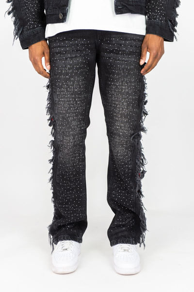 MEN BLACK FRAYED STACKED FLARE JEANS W/ RHINESTONE & LASER PRINT