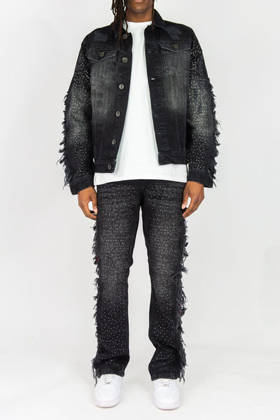 MEN BLACK FRAYED DENIM JACKET W/ RHINESTONE & LASER PRINT