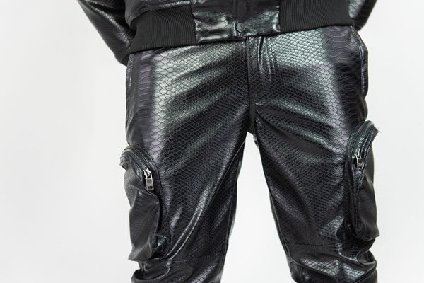 MEN BLACK CROC PU STACKED CARGO PANTS