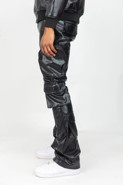 MEN BLACK CROC PU STACKED CARGO PANTS