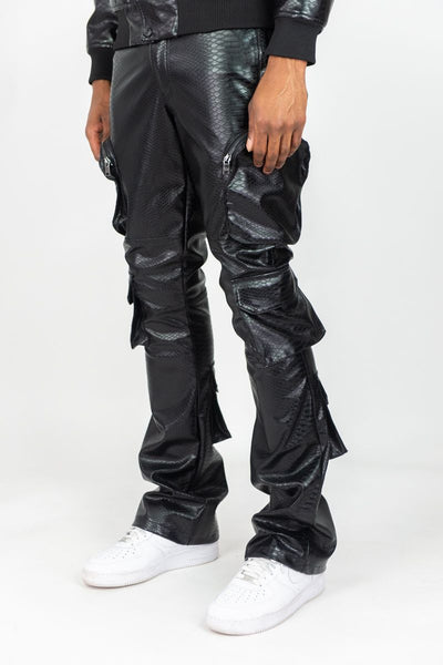 MEN BLACK CROC PU STACKED CARGO PANTS