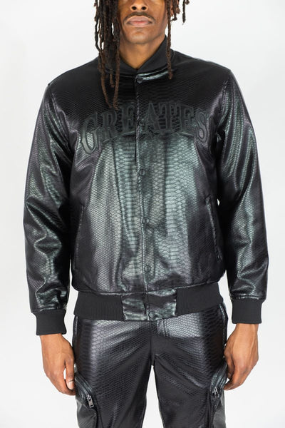 MEN BLACK CROC PU BOMBER JACKET PADDED