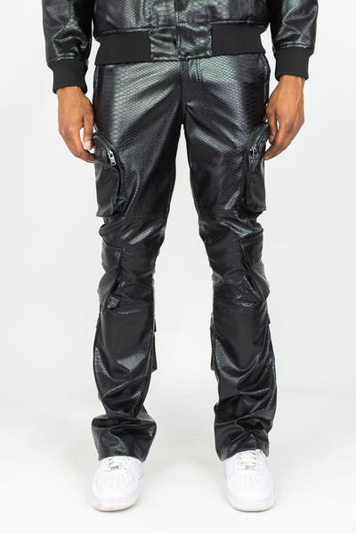 MEN BLACK CROC PU STACKED CARGO PANTS