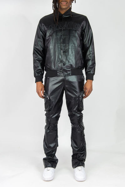 MEN BLACK CROC PU BOMBER JACKET PADDED