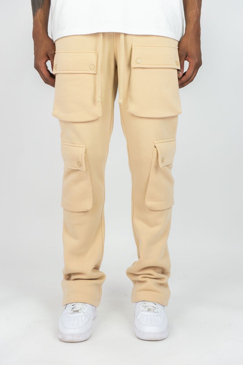 BOYS KHAKI CARGO FLEECE STACKED PANTS