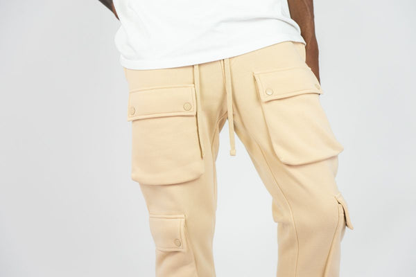 BOYS KHAKI CARGO FLEECE STACKED PANTS