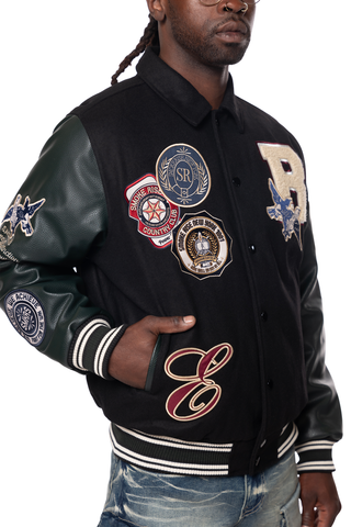 MENS BLACK SMOKE RISE STUDDED PATCH VARSITY JACKET