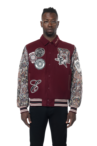 MENS WINE STUDDED PATCH TAPESTRY VARSITY JACKET