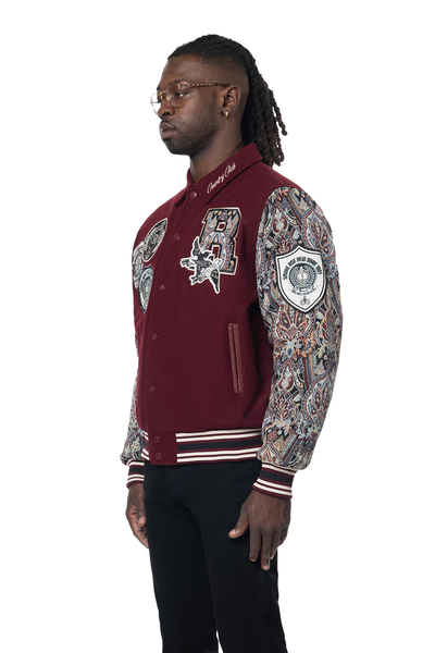 MENS WINE STUDDED PATCH TAPESTRY VARSITY JACKET