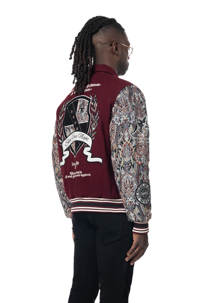 MENS WINE STUDDED PATCH TAPESTRY VARSITY JACKET