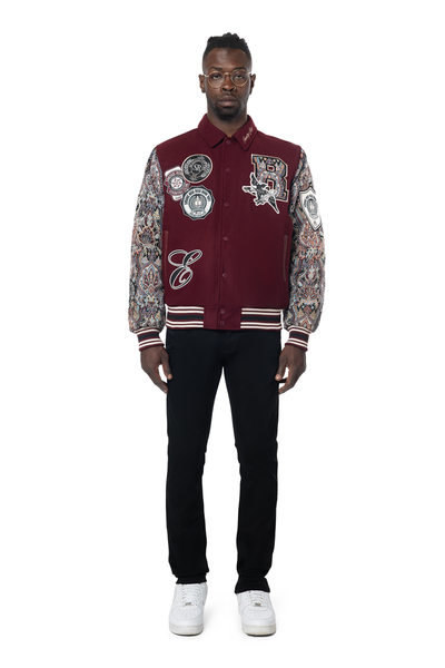 MENS WINE STUDDED PATCH TAPESTRY VARSITY JACKET