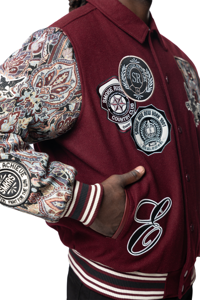 MENS WINE STUDDED PATCH TAPESTRY VARSITY JACKET