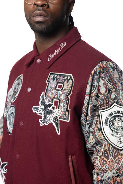 MENS WINE STUDDED PATCH TAPESTRY VARSITY JACKET