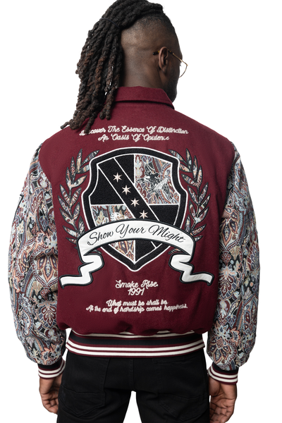 MENS WINE STUDDED PATCH TAPESTRY VARSITY JACKET