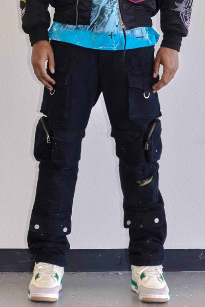 MEN BLACK UTILITY CARGO MULTI DENIM PANTS