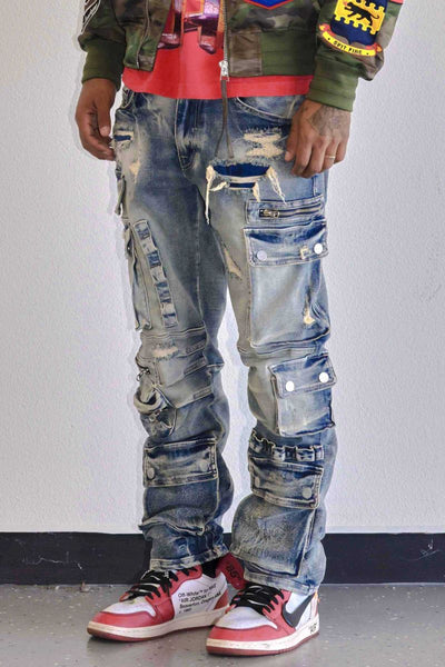 MEN FIRST ROW UTILITY CARGO MULTI DENIM PANTS