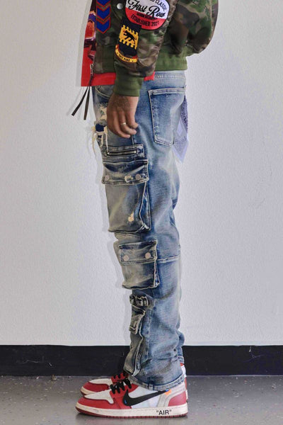 MEN FIRST ROW UTILITY CARGO MULTI DENIM PANTS