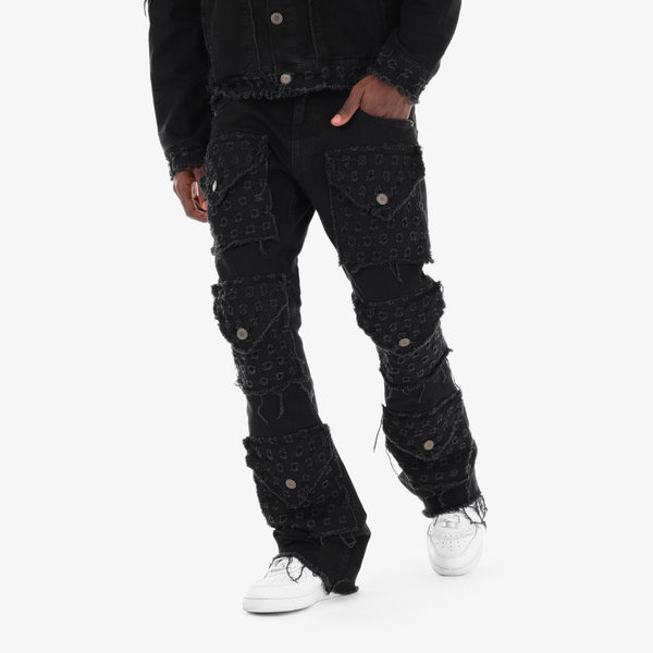 MEN BLACK COPPER RIVET CARGO MULTI POCKET JEANS