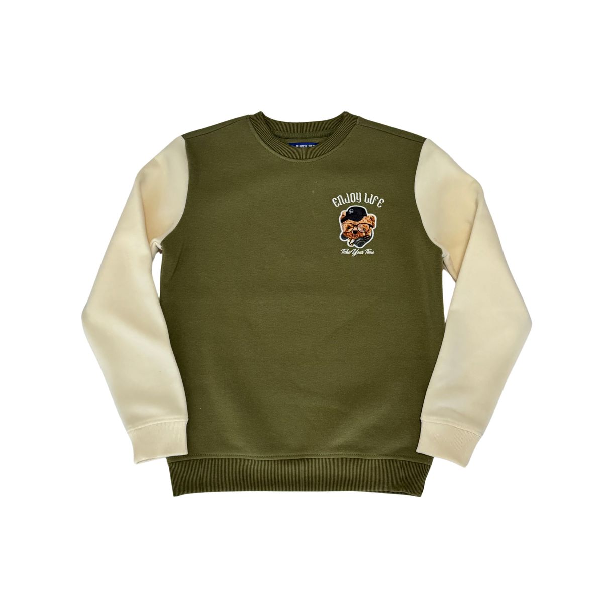 KID'S OLIVE TAKE YOUR TIME TEDDY BEAR CREW NECK SWEATER