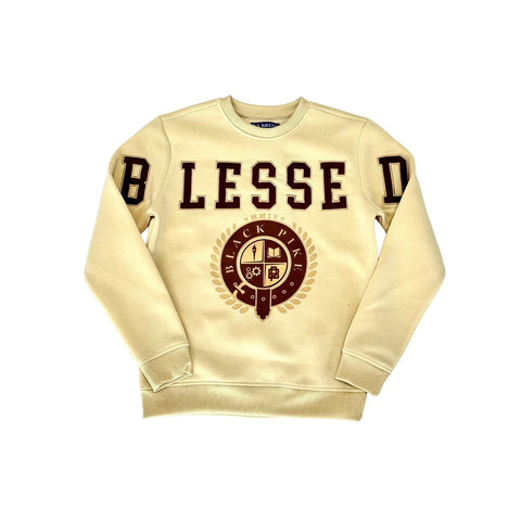 KID'S KHAKI BLESSED CREW NECK SWEATER