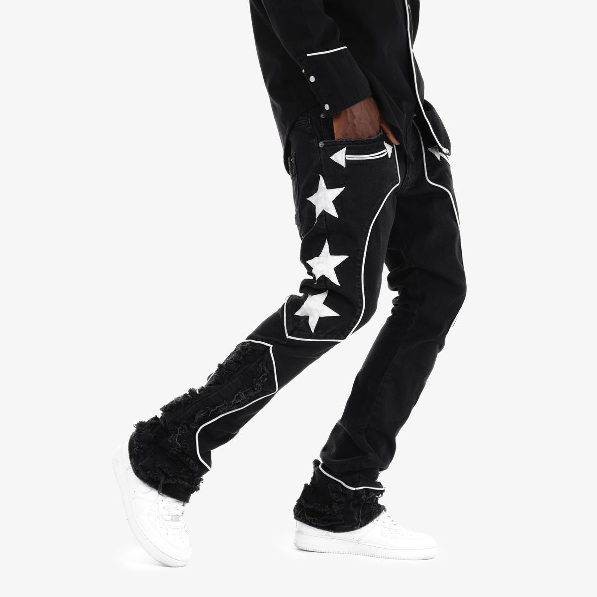 MEN BLACK COPPER RIVET WHITE STAR STACK JEANS