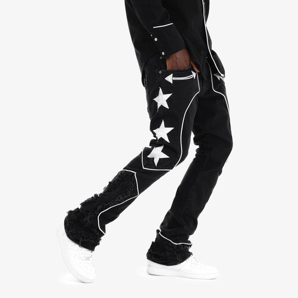 MEN BLACK COPPER RIVET WHITE STAR STACK JEANS