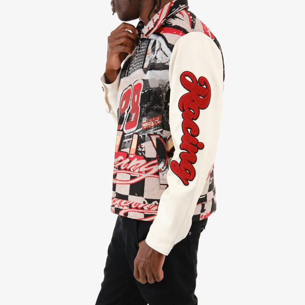 MEN'S RED TAPESTRY RACING VARSITY JACKETS