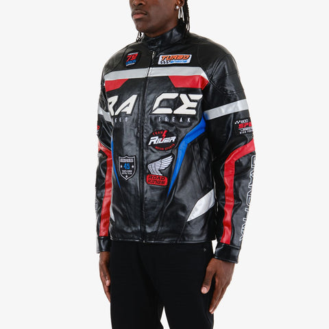 MEN BLACK COPPER RIVET PU SPEED FREAK RACING JACKET