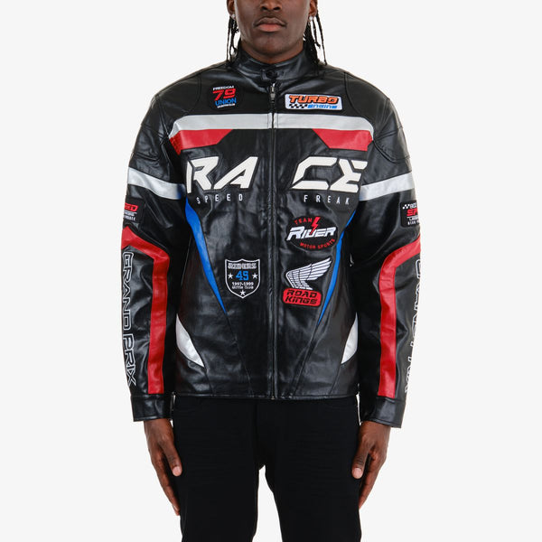 MEN BLACK COPPER RIVET PU SPEED FREAK RACING JACKET