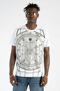 MEN WHITE LEFT POINT GENEVA CLOCK RHINESTONE TEE