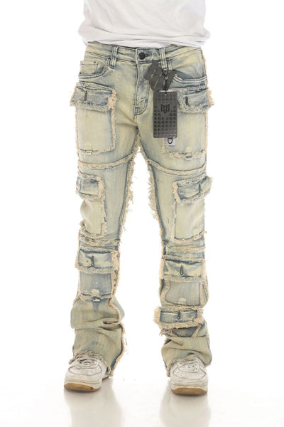 Men Khaki 7 Pocket Stacked Flare Jeans
