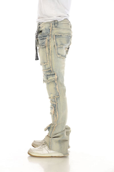 Men Khaki 7 Pocket Stacked Flare Jeans