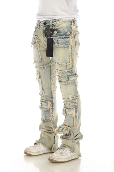 Men Khaki 7 Pocket Stacked Flare Jeans