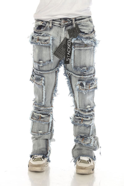 Men Light Wash 7 Pocket Stacked Flare Jeans