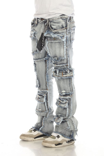 Men Light Wash 7 Pocket Stacked Flare Jeans