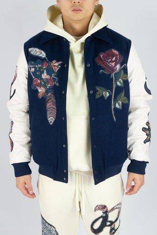 MEN ROYAL MELTON/PU VARSITY JACKETS W/ TAPESTRY PATCHES