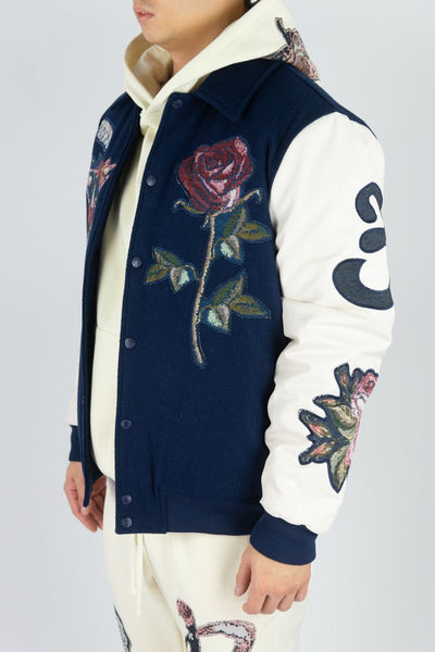 MEN ROYAL MELTON/PU VARSITY JACKETS W/ TAPESTRY PATCHES