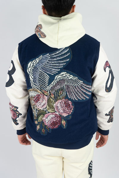 MEN ROYAL MELTON/PU VARSITY JACKETS W/ TAPESTRY PATCHES