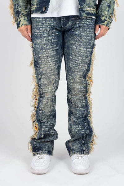 MEN VINTAGE FRAYED STACKED FLARE JEANS W/ RHINESTONE & LASER PRINT