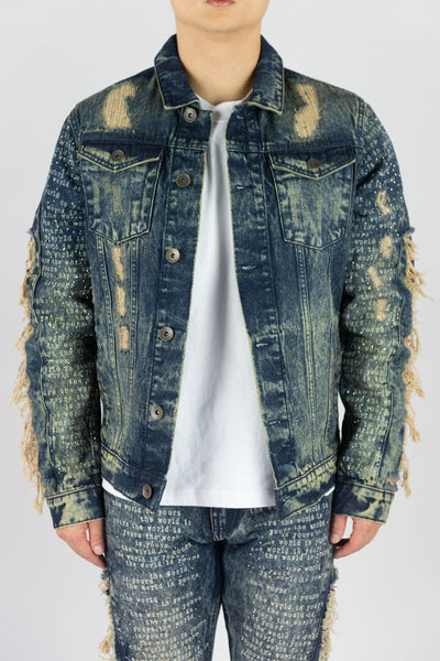 MEN VINTAGE FRAYED DENIM JACKET W/ RHINESTONE & LASER PRINT