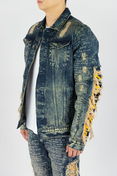 MEN VINTAGE FRAYED DENIM JACKET W/ RHINESTONE & LASER PRINT