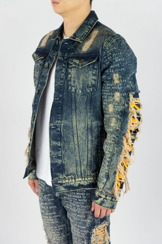 MEN VINTAGE FRAYED DENIM JACKET W/ RHINESTONE & LASER PRINT