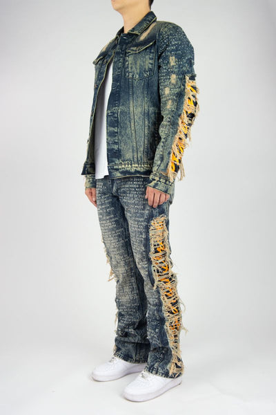 MEN VINTAGE FRAYED STACKED FLARE JEANS W/ RHINESTONE & LASER PRINT