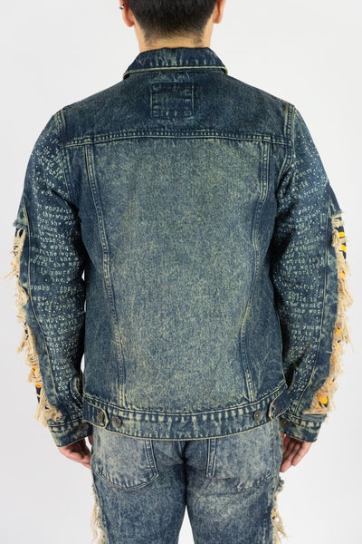 MEN VINTAGE FRAYED DENIM JACKET W/ RHINESTONE & LASER PRINT